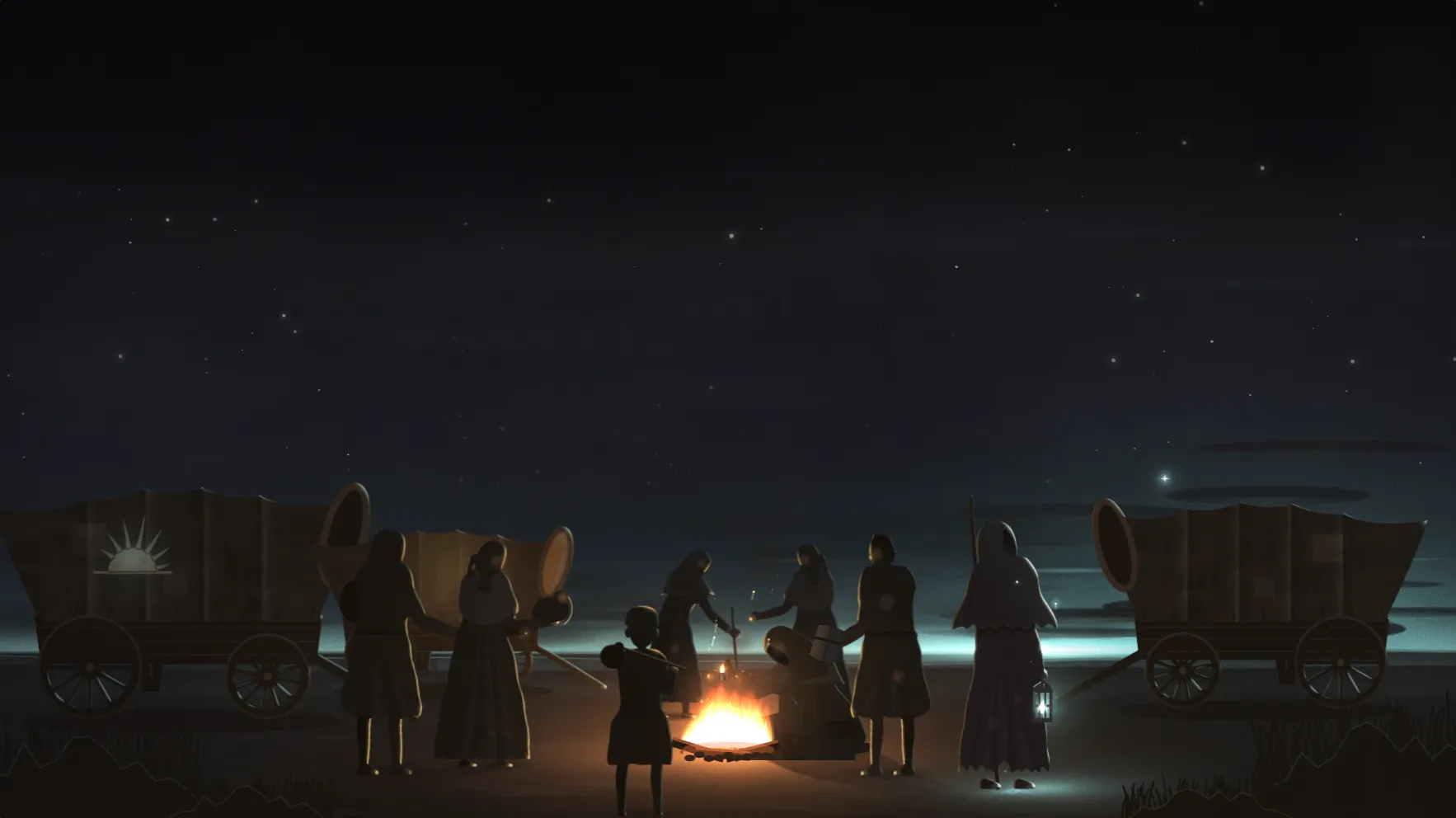 Caravan wagons around a campfire at night, travellers in hooded cloaks